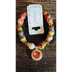 Multicolor Beaded Stretch Bracelet Amber Rhinestone Charm